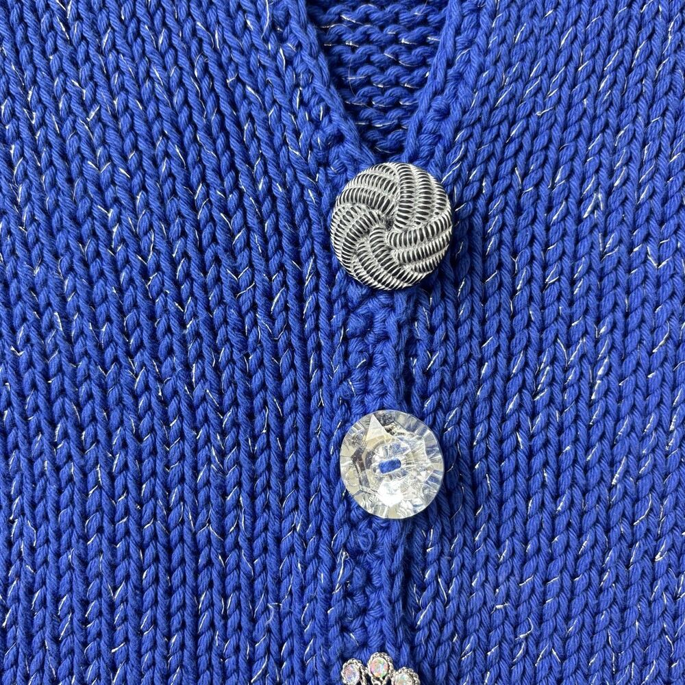 Brooch Button Handknit Womens Cotton Cardigan Size SP Blue Granny Cottagecore - Picture 2 of 12